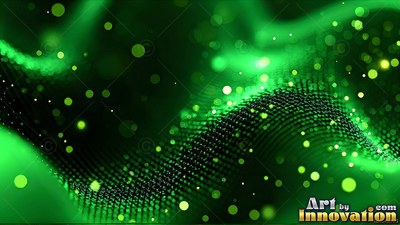 Green dot waves curve across black backdrop with bright round spots of lime light