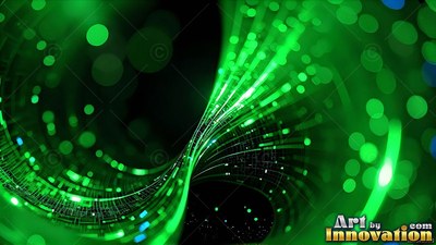 Curving upward across a dark room, green fiber optic light sweeps around