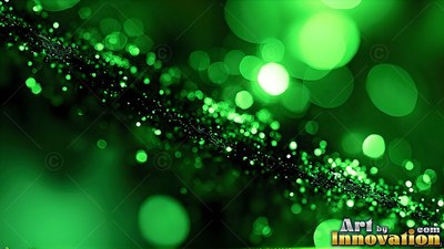 Tiny green sparkles scatter over a dark line with soft green light circles around it