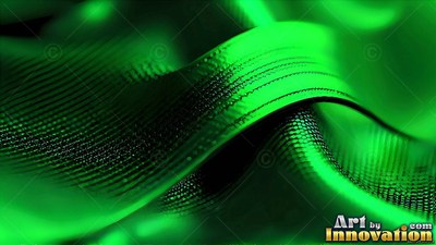 In a dark area, a curved green ribbon twists with a fine grid texture