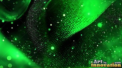 Curving through darkness, green textured ribbons twist among soft circles of light