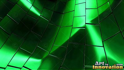 Curving metallic green tiles with bright reflections