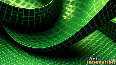 A square grid pattern covers a glossy green ribbon curving into a black backdrop