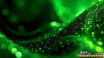 Green glitter curves across dark space, shining with bright circular light spots