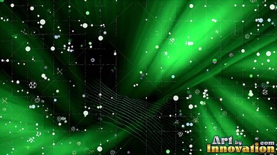 Tilted across a dark room, bright green beams shine with small white dots