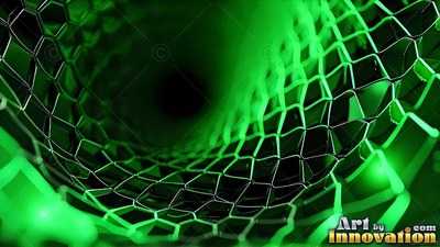 In a dark tunnel, a curved green mesh twists toward a black center
