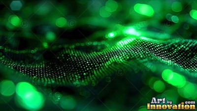 Rippling in green light, a dotted mesh wave flows through soft blur dots