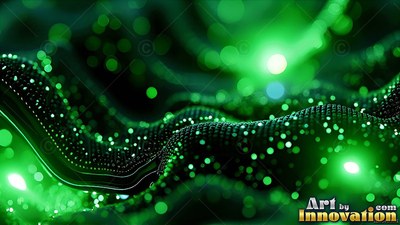Wavy dark mesh with bright green spots of light