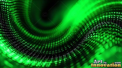 Curving through dark space, a wave of bright green dotted lines swirls inward