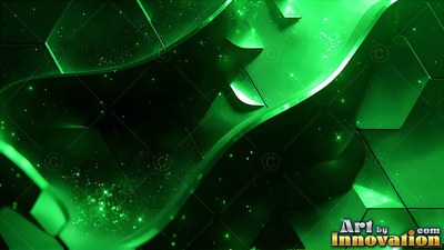 Smooth green ribbons twist over dark geometric tiles with bright speckles