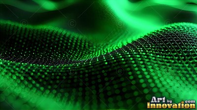 Against a black backdrop, green dots form a rolling grid of waves