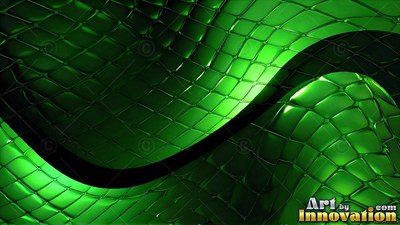Curving through dark shadows, a glossy green tiled wave rolls across the space