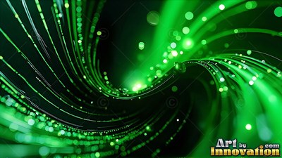 Curving thin green fiber optic strands sweep across a black background with blurry dots of light