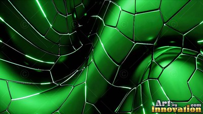 Green glossy tiles curve across deep folds, catching bright white reflections on thin edges
