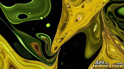 Curving diagonally across dark space, yellow and green liquid forms swirl