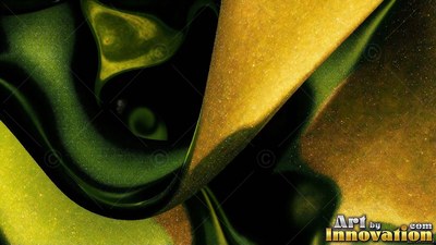 In dark shadows, a folded gold ribbon curves past green swirls