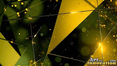 Sharp triangular planes in bright yellow and black rise in a dark, speckled space