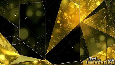 Dark angular crystals reflect bright yellow bokeh lights across sharp black planes