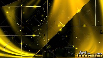 Slanted over a dark space, yellow ribbons sweep past thin wire lines