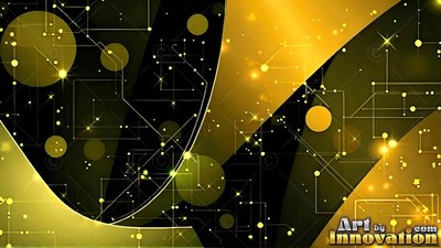 On a black field, curved yellow bands cross digital circuit lines and circles