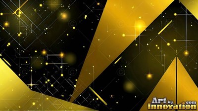 Floating across the dark background, sharp gold triangles cut through fine yellow lines