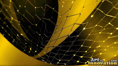 A black wire net curves over a yellow background with bright dots of light