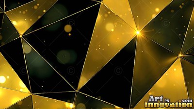 Angled gold geometric facets meet across a deep surface with soft light dots