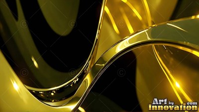 Shiny gold ribbons twist and curve over a dark background