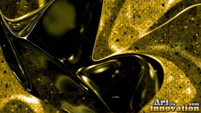 Against a speckled gold background, folded black ribbons shine in bright light