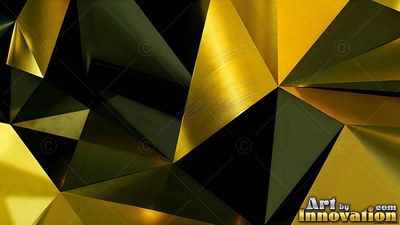 Folding into sharp angles, gold and dark green geometric planes catch the light