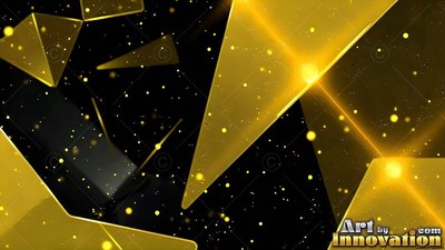 Sharp glossy facets on yellow geometric shards hover in black space with gold specks