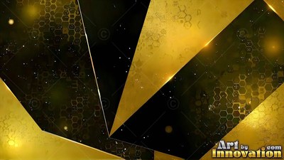 Angular gold planes slice across black space with subtle honeycomb patterns