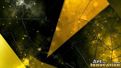 Tilted yellow geometric planes slice across a dark speckled surface with fine black lines
