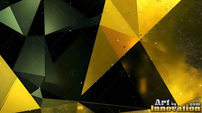 A geometric pattern of sharp triangular shapes in bright gold, dark green, and black