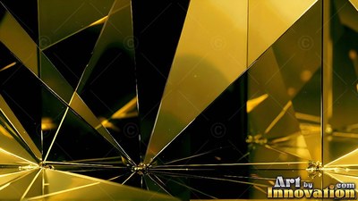 In a dark room, sharp golden mirror shards reflect bright light