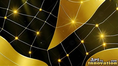 Stretching across black space, golden polygons meet white webbed lines and bright stars