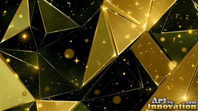 Shiny gold geometric triangles angled sharply over a dark field of sparkling yellow dots