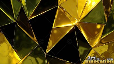 Folded gold triangles angle across a black surface with bright reflections