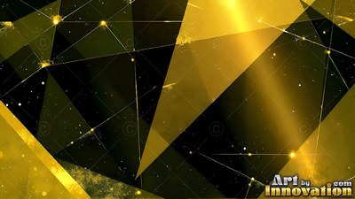 Angled sharp golden triangles cross over a dark background with small specks