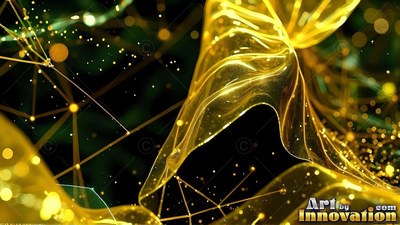 Sheer gold ribbon twisting over connected dots on a black background