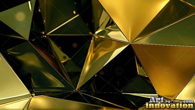 In a dark space, sharp golden geometric planes meet at folded points