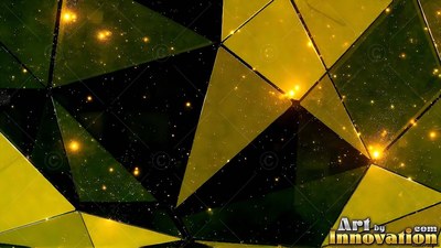 Fitting together like glass tiles, yellow and dark green triangles shine with sparks
