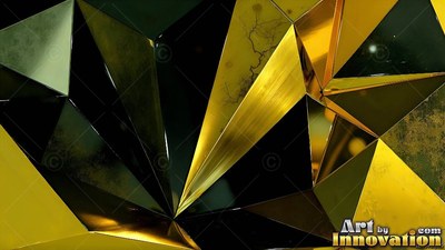 Sharp yellow and black folded planes meet through a dark geometric surface
