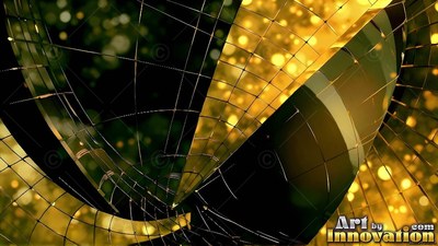 A curved grid sphere opens up beside warm golden sparkles