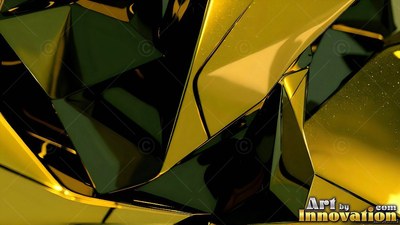 Tilted close in dark space, folded gold metal planes meet in sharp points