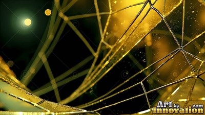 In a dark room, a golden geometric web stretches toward warm lights