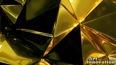 Reflecting sharp highlights, glossy gold geometric planes fold in the dark
