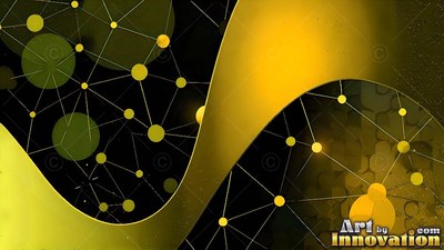 Curving gold band sweeps across connected yellow dots over a black space background