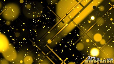 Yellow light circles float across crisscrossing dark gold bands on black
