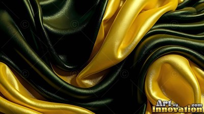 Draped folds of shiny yellow and dark green satin fabric resting together
